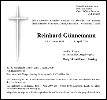 Traueranzeige von Reinhard Günnemann von Neue Osnabrücker Zeitung GmbH & Co. KG