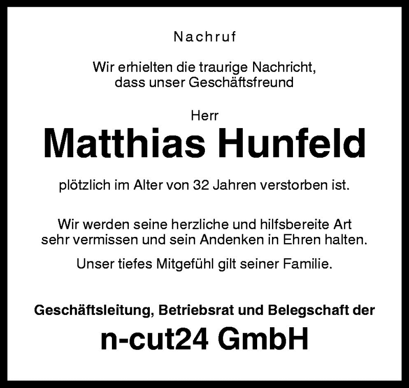  Traueranzeige für Matthias Hunfeld vom 14.04.2009 aus Neue Osnabrücker Zeitung GmbH & Co. KG