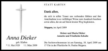 Traueranzeige von Anna Dieker von Neue Osnabrücker Zeitung GmbH & Co. KG