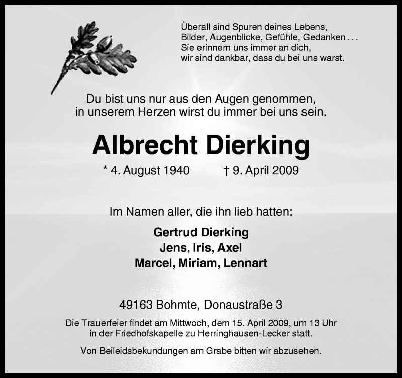  Traueranzeige für Albrecht Dierking vom 11.04.2009 aus Neue Osnabrücker Zeitung GmbH & Co. KG