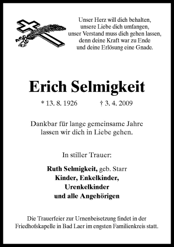 Traueranzeige von Erich Selmigkeit von Neue Osnabrücker Zeitung GmbH & Co. KG