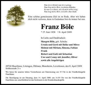 Traueranzeige von Franz Böle von Neue Osnabrücker Zeitung GmbH & Co. KG