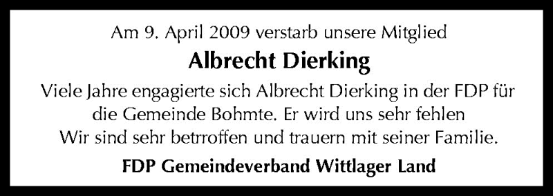  Traueranzeige für Albrecht Dierking vom 15.04.2009 aus Neue Osnabrücker Zeitung GmbH & Co. KG