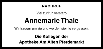 Traueranzeige von Annemarie Thale von Neue Osnabrücker Zeitung GmbH & Co. KG