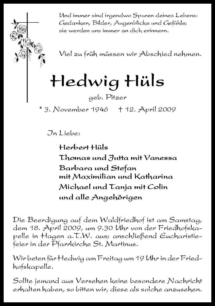  Traueranzeige für Hedwig Hüls vom 15.04.2009 aus Neue Osnabrücker Zeitung GmbH & Co. KG