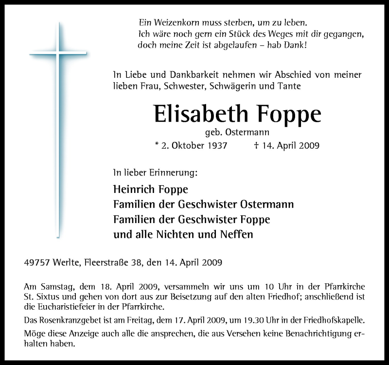  Traueranzeige für Elisabeth Foppe vom 16.04.2009 aus Neue Osnabrücker Zeitung GmbH & Co. KG