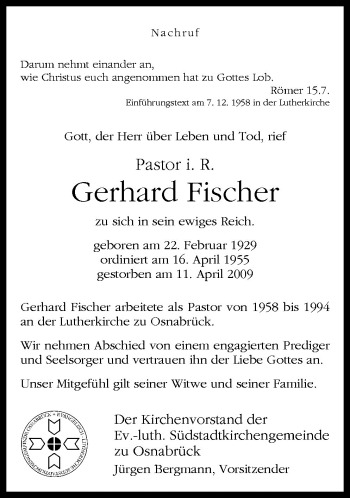 Traueranzeige von Gerhard Fischer von Neue Osnabrücker Zeitung GmbH & Co. KG