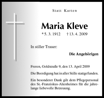 Traueranzeige von Maria Kleve von Neue Osnabrücker Zeitung GmbH & Co. KG