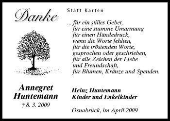 Traueranzeige von Annegret Huntemann von Neue Osnabrücker Zeitung GmbH & Co. KG