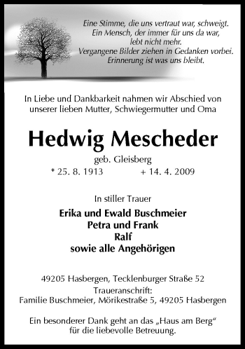 Traueranzeige von Hedwig Mescheder von Neue Osnabrücker Zeitung GmbH & Co. KG