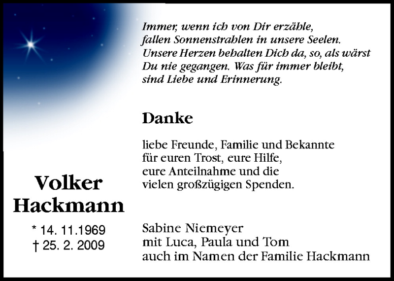  Traueranzeige für Volker Hackmann vom 18.04.2009 aus Neue Osnabrücker Zeitung GmbH & Co. KG