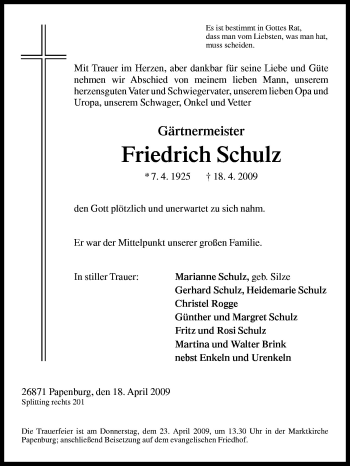 Traueranzeige von Friedrich Schulz von Neue Osnabrücker Zeitung GmbH & Co. KG