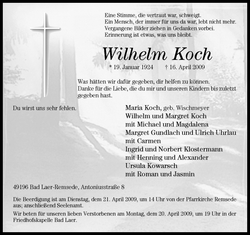  Traueranzeige für Wilhelm Koch vom 18.04.2009 aus Neue Osnabrücker Zeitung GmbH & Co. KG