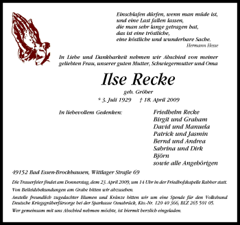 Traueranzeige von Ilse Recke von Neue Osnabrücker Zeitung GmbH & Co. KG