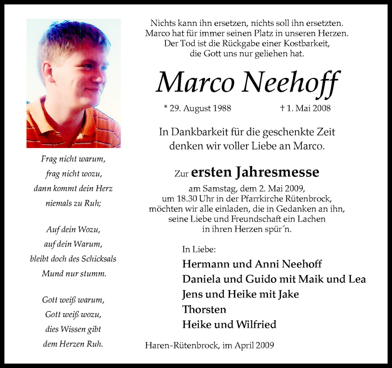  Traueranzeige für Marco Neehoff vom 29.04.2009 aus Neue Osnabrücker Zeitung GmbH & Co. KG
