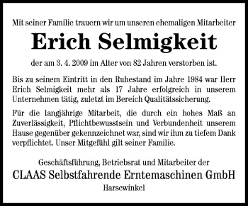 Traueranzeige von Erich Selmigkeit von Neue Osnabrücker Zeitung GmbH & Co. KG