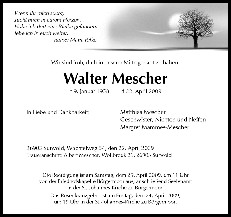  Traueranzeige für Walter Mescher vom 24.04.2009 aus Neue Osnabrücker Zeitung GmbH & Co. KG