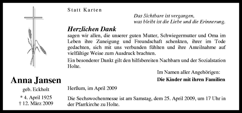  Traueranzeige für Anna Jansen vom 23.04.2009 aus Neue Osnabrücker Zeitung GmbH & Co. KG