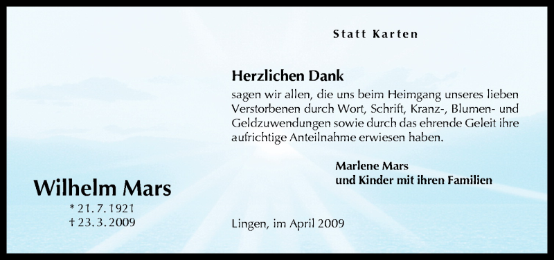  Traueranzeige für Wilhelm Mars vom 25.04.2009 aus Neue Osnabrücker Zeitung GmbH & Co. KG