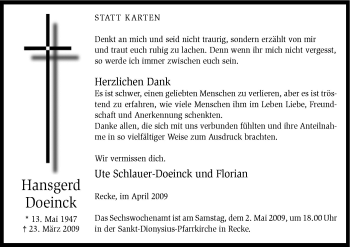 Traueranzeige von Hansgerd Doeinck von Neue Osnabrücker Zeitung GmbH & Co. KG