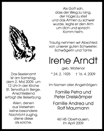 Traueranzeige von Irene Arndt von Neue Osnabrücker Zeitung GmbH & Co. KG