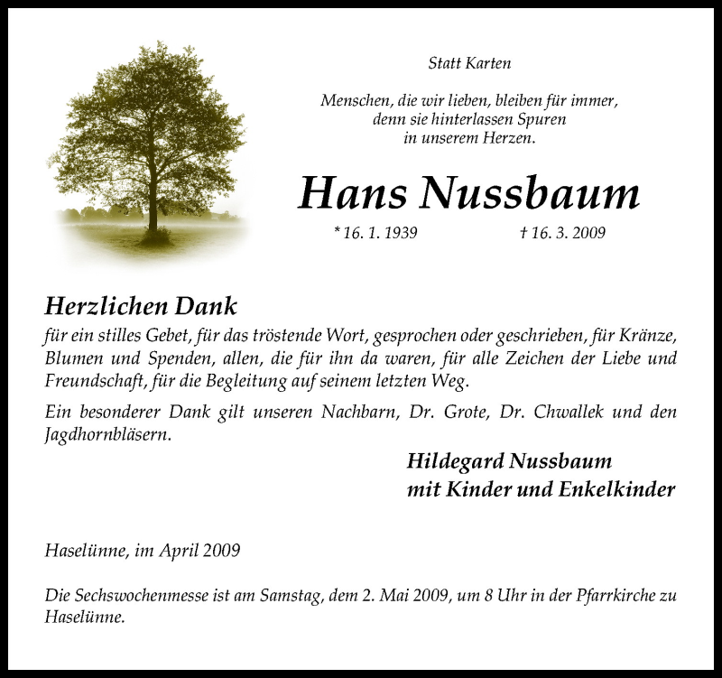  Traueranzeige für Hans Nussbaum vom 29.04.2009 aus Neue Osnabrücker Zeitung GmbH & Co. KG