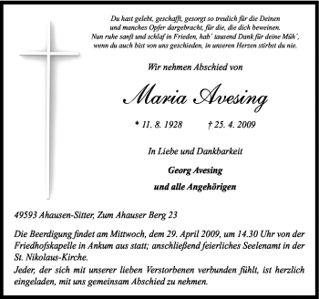 Traueranzeige von Maria Aversing von Neue Osnabrücker Zeitung GmbH & Co. KG