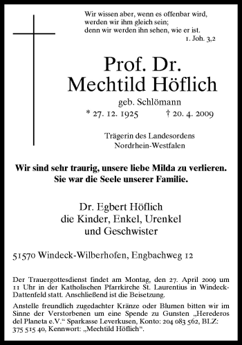 Traueranzeige von Mechthild Höflich von Neue Osnabrücker Zeitung GmbH & Co. KG