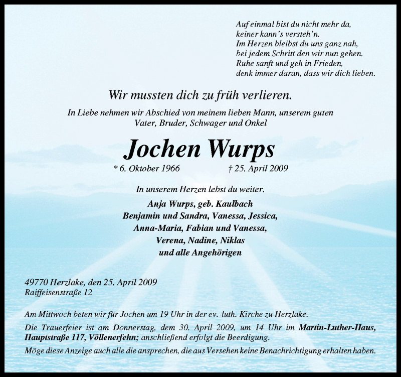  Traueranzeige für Jochen Wurps vom 28.04.2009 aus Neue Osnabrücker Zeitung GmbH & Co. KG