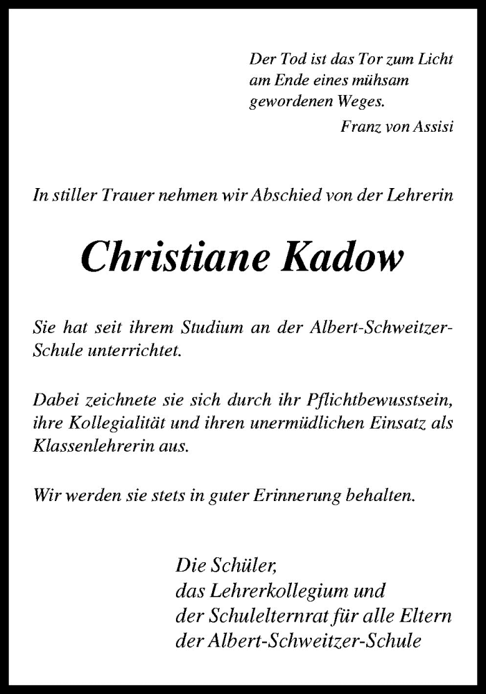  Traueranzeige für Christiane Kadow vom 28.04.2009 aus Neue Osnabrücker Zeitung GmbH & Co. KG