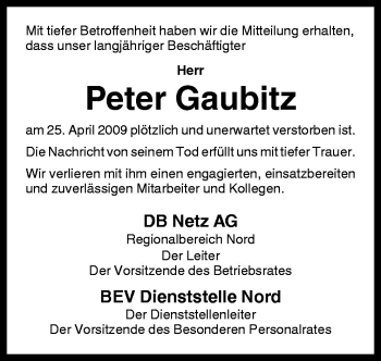 Traueranzeige von Peter Gaubitz von Neue Osnabrücker Zeitung GmbH & Co. KG