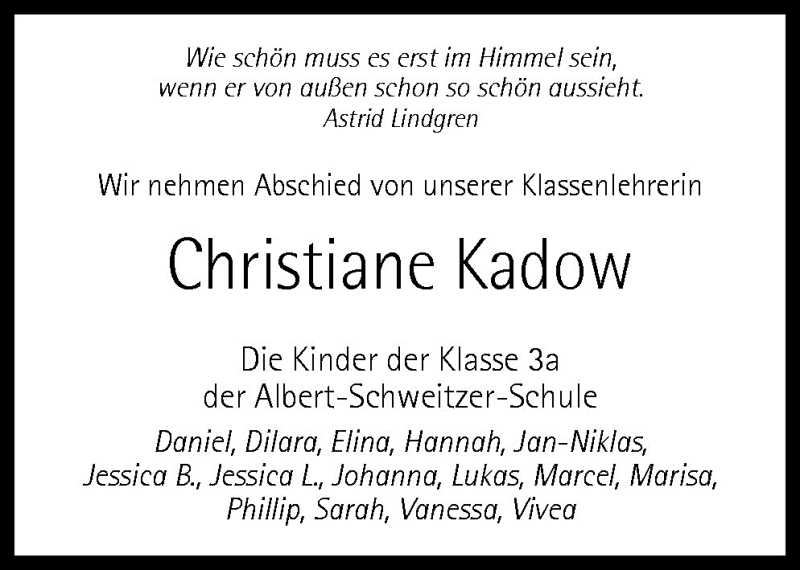  Traueranzeige für Christiane Kadow vom 28.04.2009 aus Neue Osnabrücker Zeitung GmbH & Co. KG