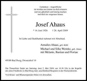 Traueranzeige von Josef Ahaus von Neue Osnabrücker Zeitung GmbH & Co. KG