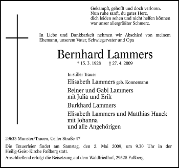Traueranzeige von Bernhard Lammers von Neue Osnabrücker Zeitung GmbH & Co. KG