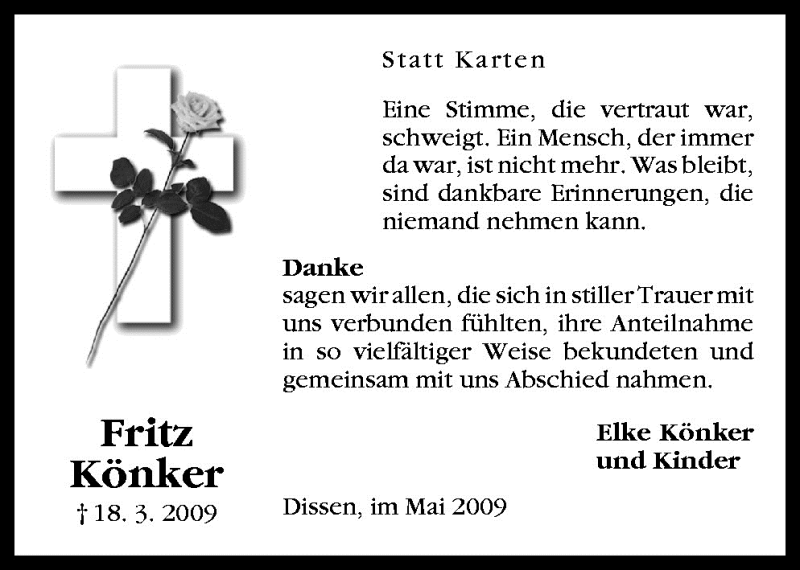  Traueranzeige für Fritz Könker vom 02.05.2009 aus Neue Osnabrücker Zeitung GmbH & Co. KG
