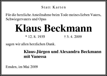 Traueranzeige von Klaus Beckmann von Neue Osnabrücker Zeitung GmbH & Co. KG