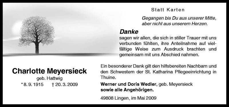  Traueranzeige für Charlotte Meyersieck vom 02.05.2009 aus Neue Osnabrücker Zeitung GmbH & Co. KG