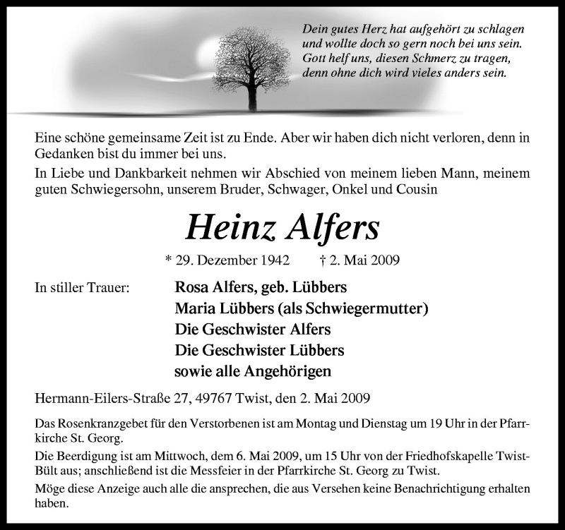  Traueranzeige für Heinz Alfers vom 04.05.2009 aus Neue Osnabrücker Zeitung GmbH & Co. KG
