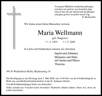 Traueranzeige von Maria Wellmann von Neue Osnabrücker Zeitung GmbH & Co. KG
