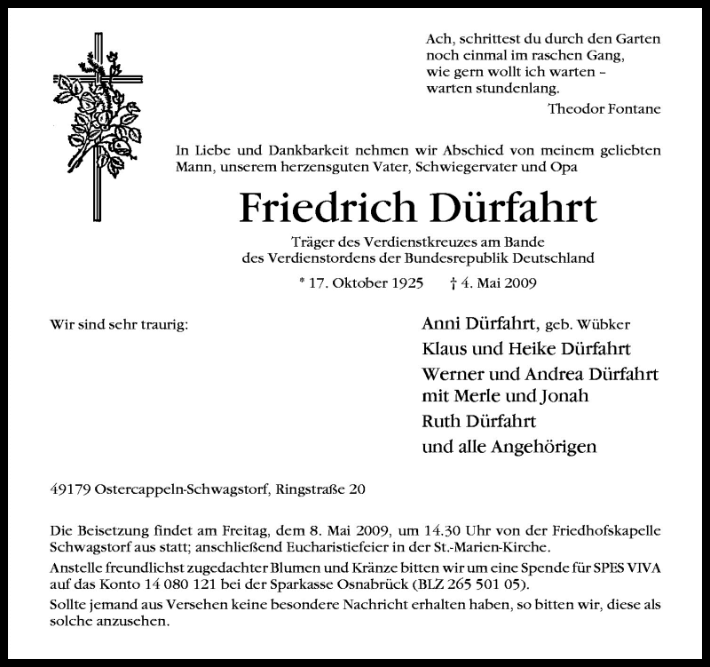  Traueranzeige für Friedrich Dürfahrt vom 06.05.2009 aus Neue Osnabrücker Zeitung GmbH & Co. KG