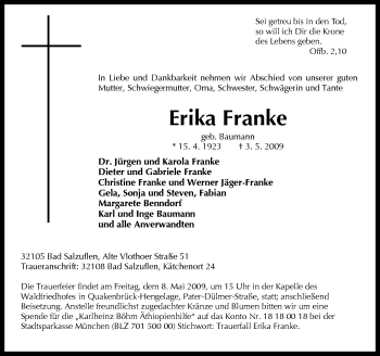 Traueranzeige von Erika Franke von Neue Osnabrücker Zeitung GmbH & Co. KG