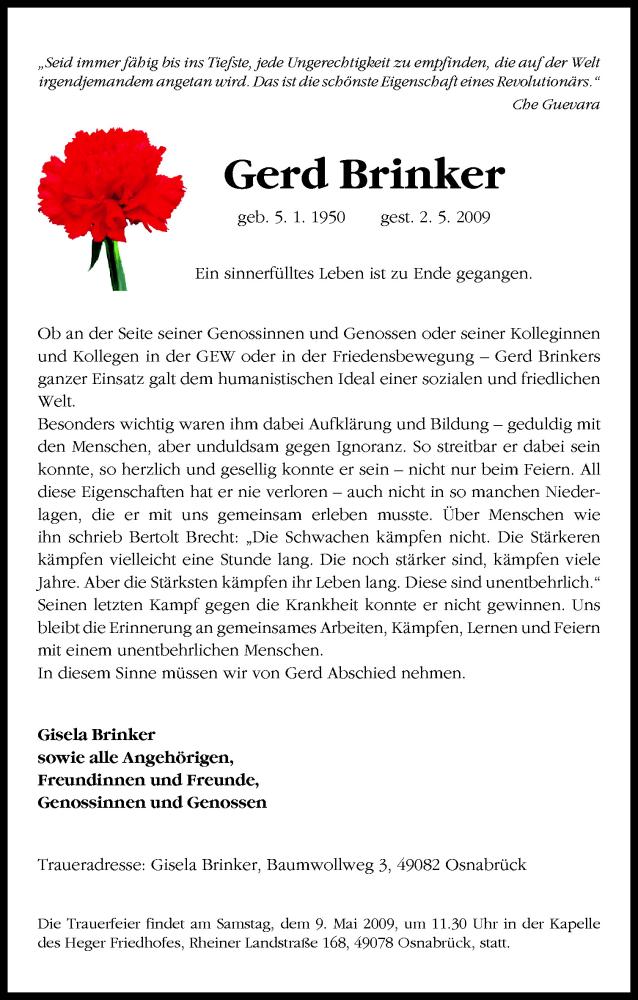  Traueranzeige für Gerd Brinker vom 07.05.2009 aus Neue Osnabrücker Zeitung GmbH & Co. KG