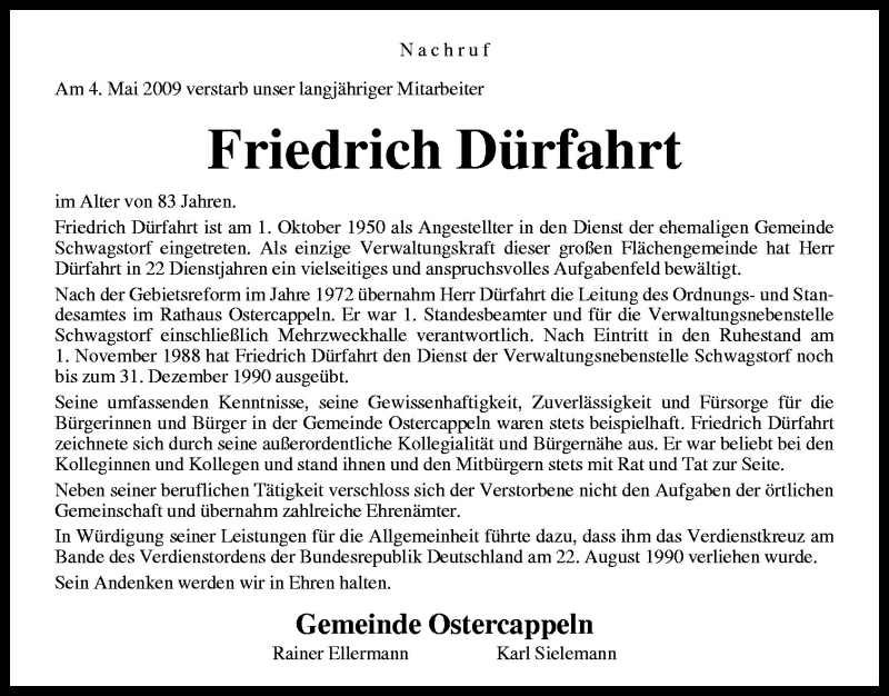  Traueranzeige für Friedrich Dürfahrt vom 07.05.2009 aus Neue Osnabrücker Zeitung GmbH & Co. KG