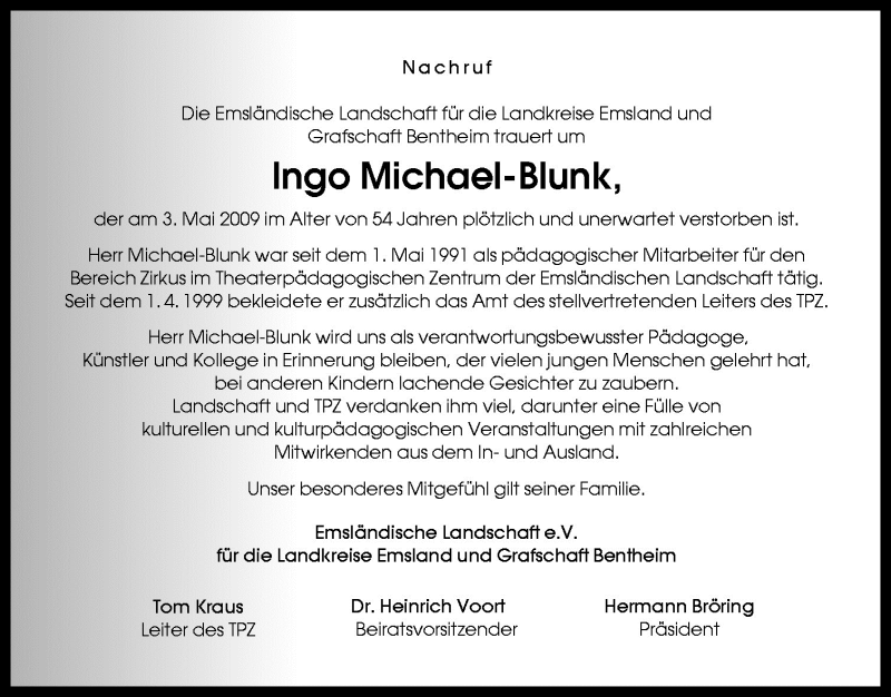  Traueranzeige für Ingo Michael-Blunk vom 08.05.2009 aus Neue Osnabrücker Zeitung GmbH & Co. KG