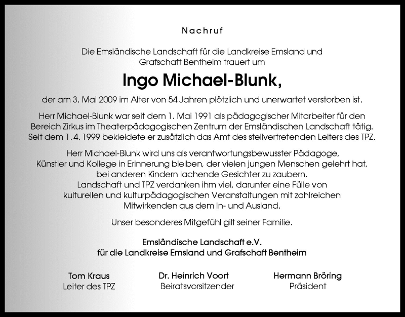  Traueranzeige für Ingo Michael-Blunk vom 08.05.2009 aus Neue Osnabrücker Zeitung GmbH & Co. KG