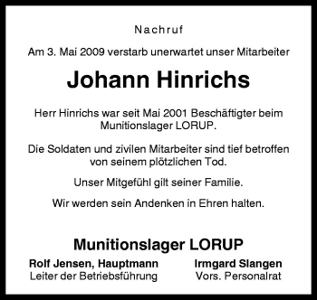 Traueranzeige von Johann Hinrichs von Neue Osnabrücker Zeitung GmbH & Co. KG
