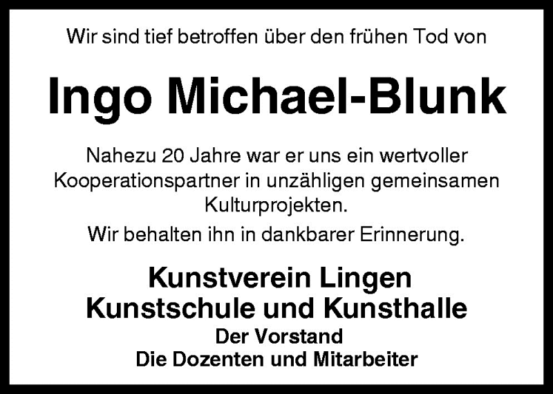  Traueranzeige für Ingo Michael-Blunk vom 08.05.2009 aus Neue Osnabrücker Zeitung GmbH & Co. KG