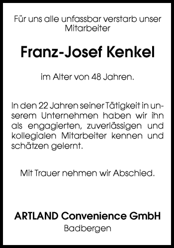 Traueranzeige von Franz-Josef Kenkel von Neue Osnabrücker Zeitung GmbH & Co. KG