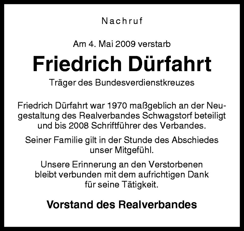  Traueranzeige für Friedrich Dürfahrt vom 08.05.2009 aus Neue Osnabrücker Zeitung GmbH & Co. KG