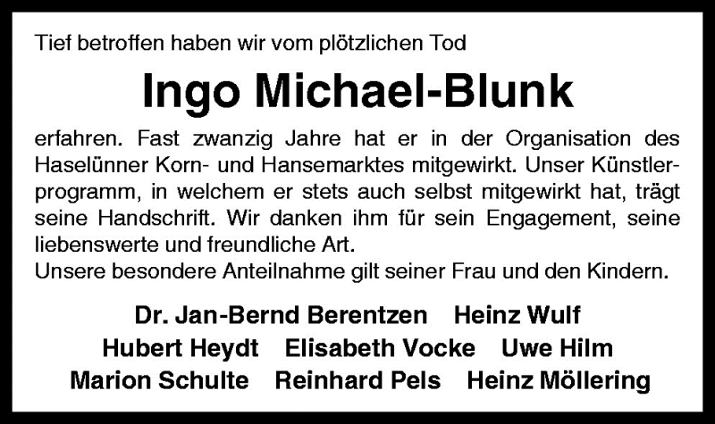  Traueranzeige für Ingo Michael-Blunk vom 09.05.2009 aus Neue Osnabrücker Zeitung GmbH & Co. KG